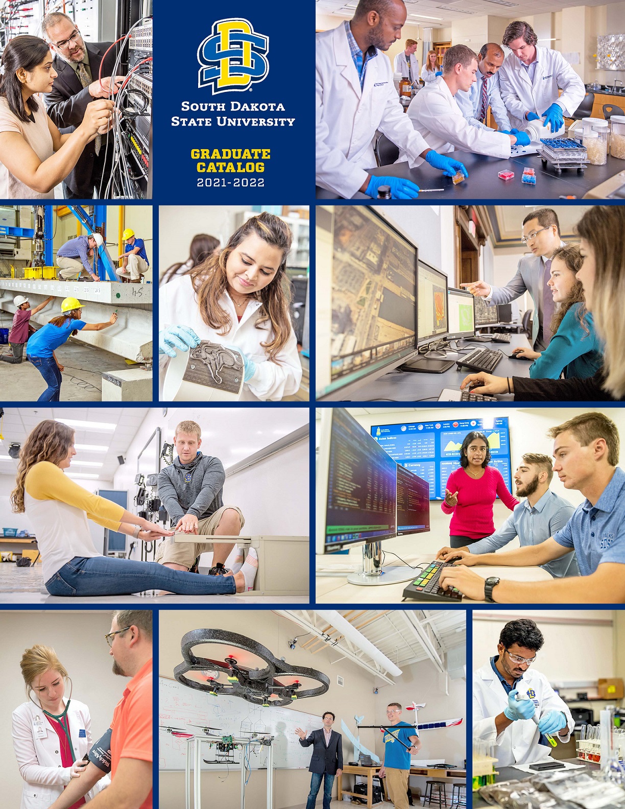2021-2022 Graduate Catalog Cover - various views of students and faculty across campus in classrooms.